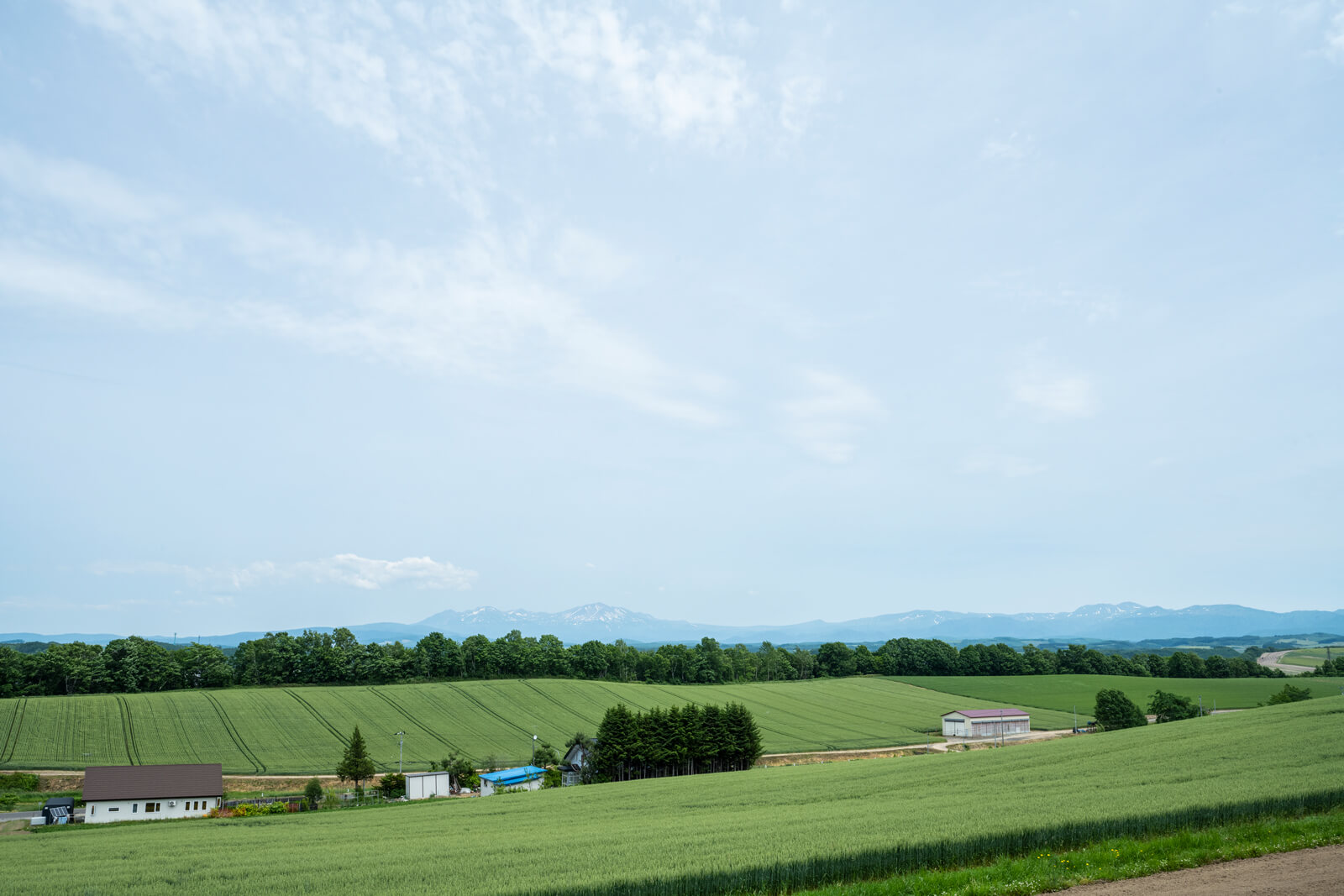 Kさん宅の目の前に広がる風景。十勝連峰と美瑛の丘が一望できる